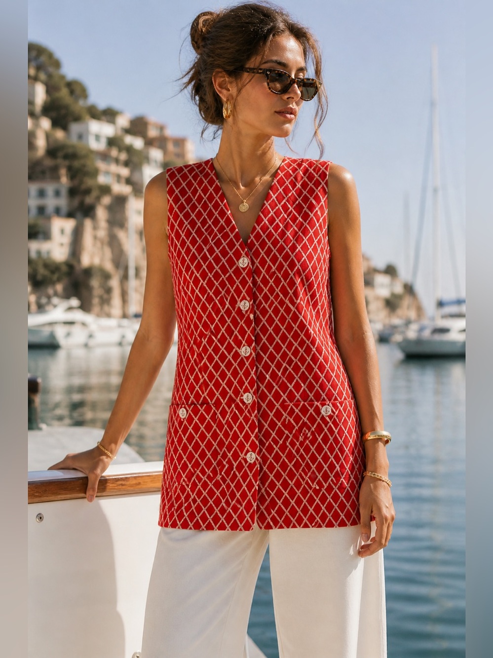 RARE 70s Nautical Vest Red Lattice Print Straight Fit Riviera Coastal Chic Top